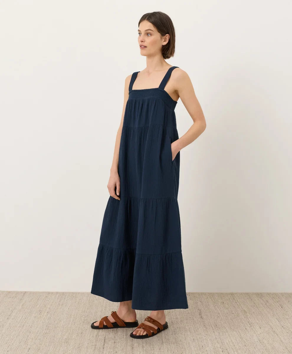 coastal double gauze strappy tiered maxi dress