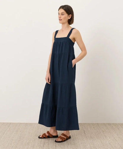 coastal double gauze strappy tiered maxi dress