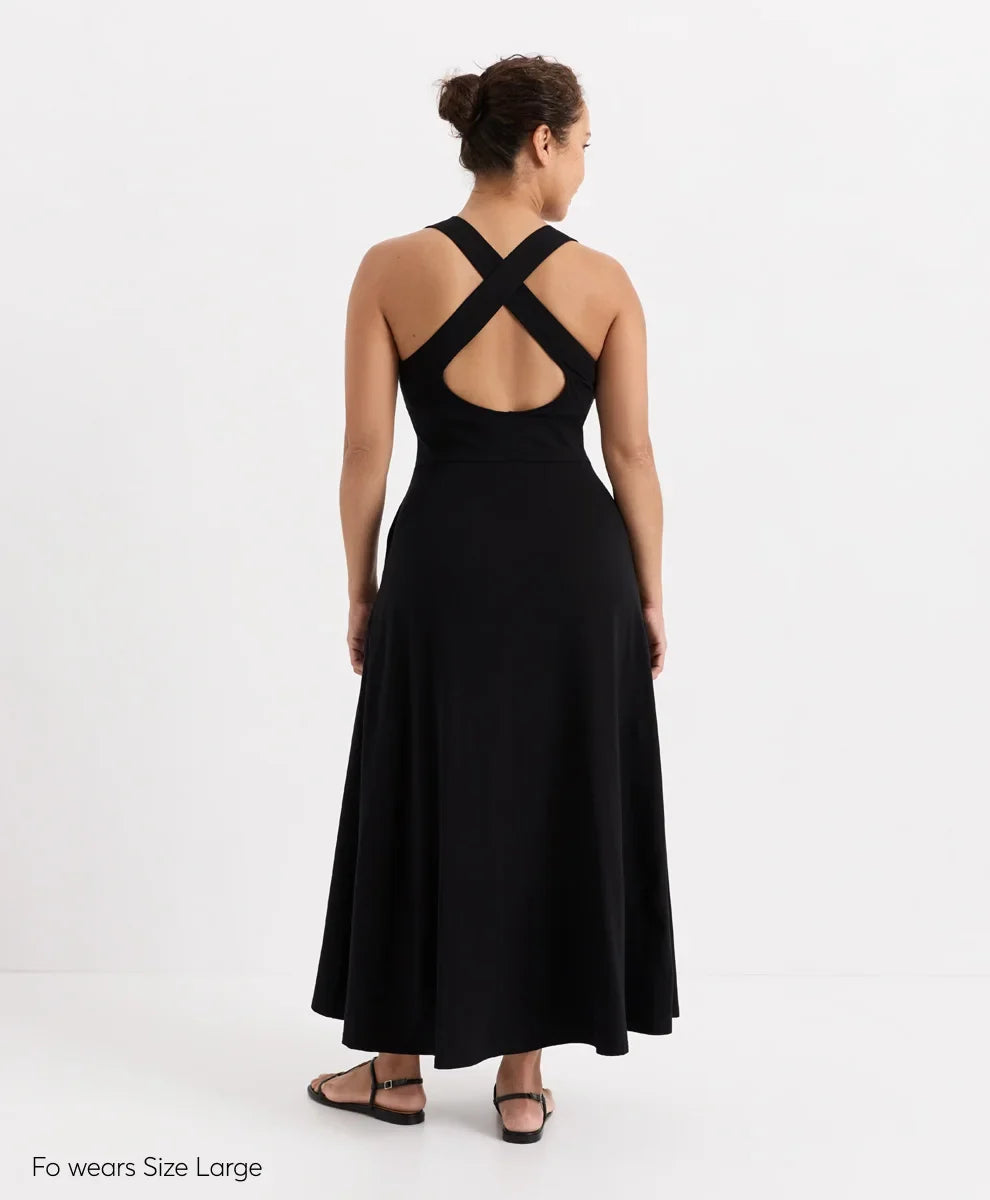 fit & flare open back maxi dress