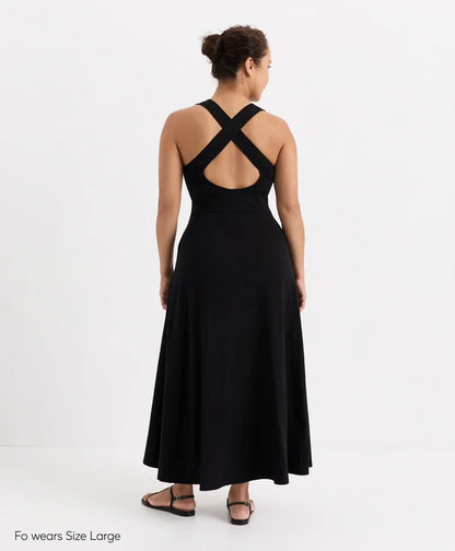 fit & flare open back maxi dress
