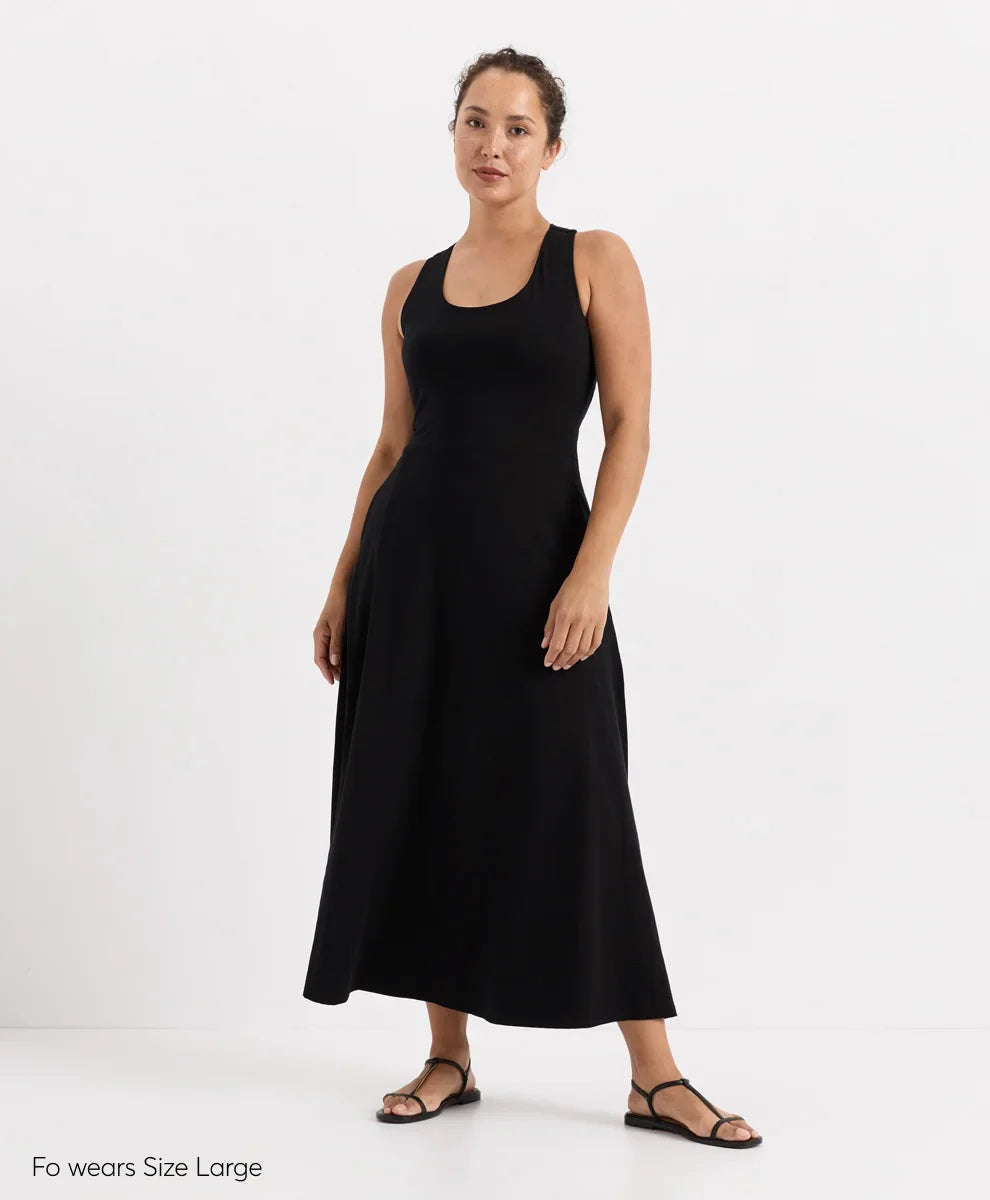 fit & flare open back maxi dress