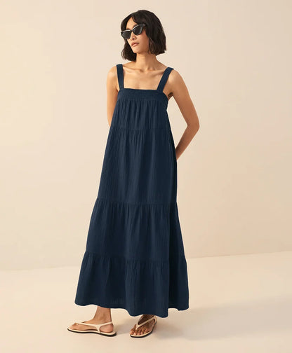 coastal double gauze strappy tiered maxi dress
