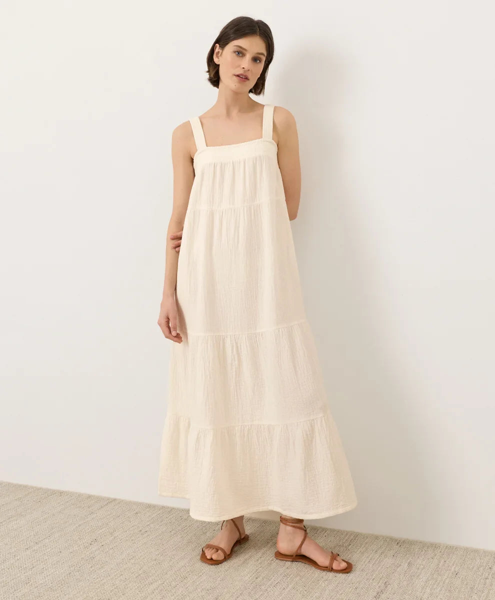 clearance coastal double gauze strappy tiered maxi dress