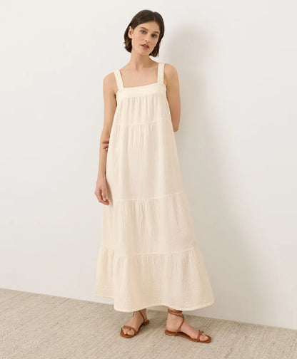 clearance coastal double gauze strappy tiered maxi dress
