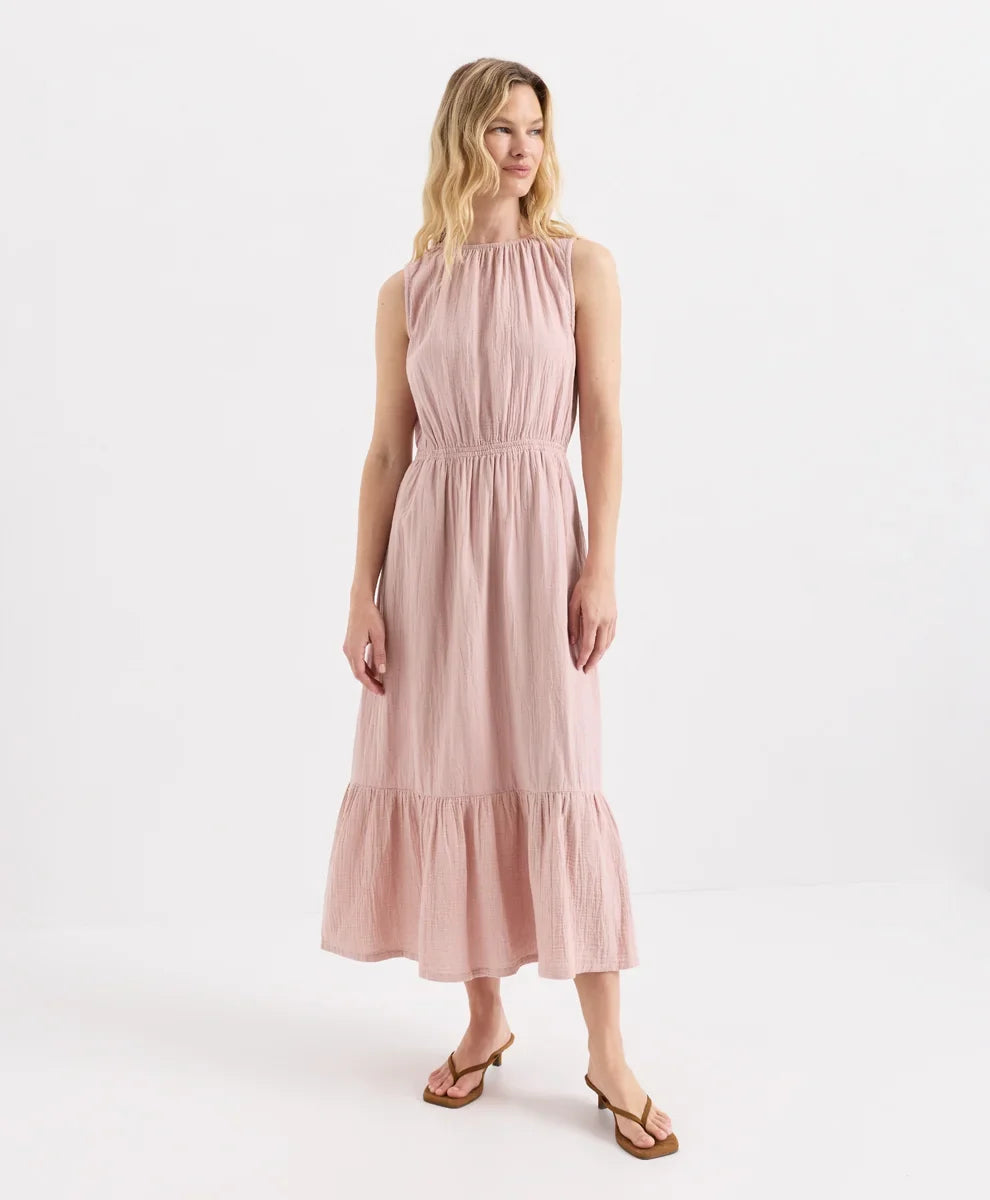 coastal double gauze tiered midi dress