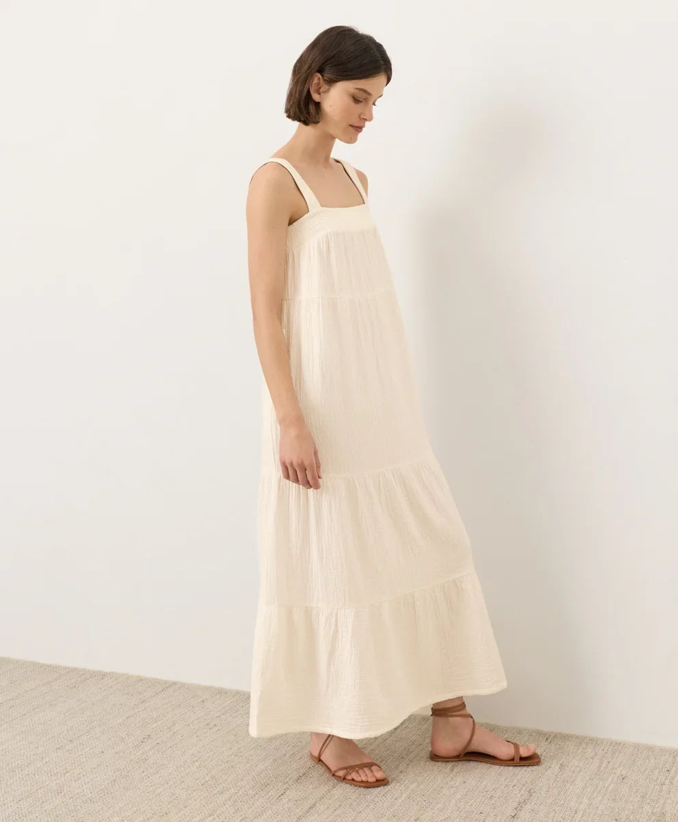 clearance coastal double gauze strappy tiered maxi dress